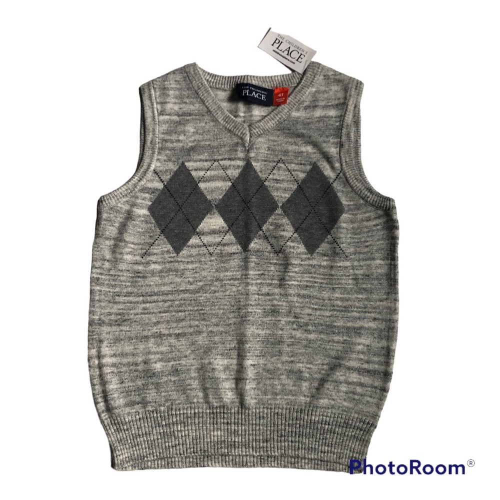 NWT The Children’s Place Sweater Vest, 4T, Grey/Navy Blue Argyle